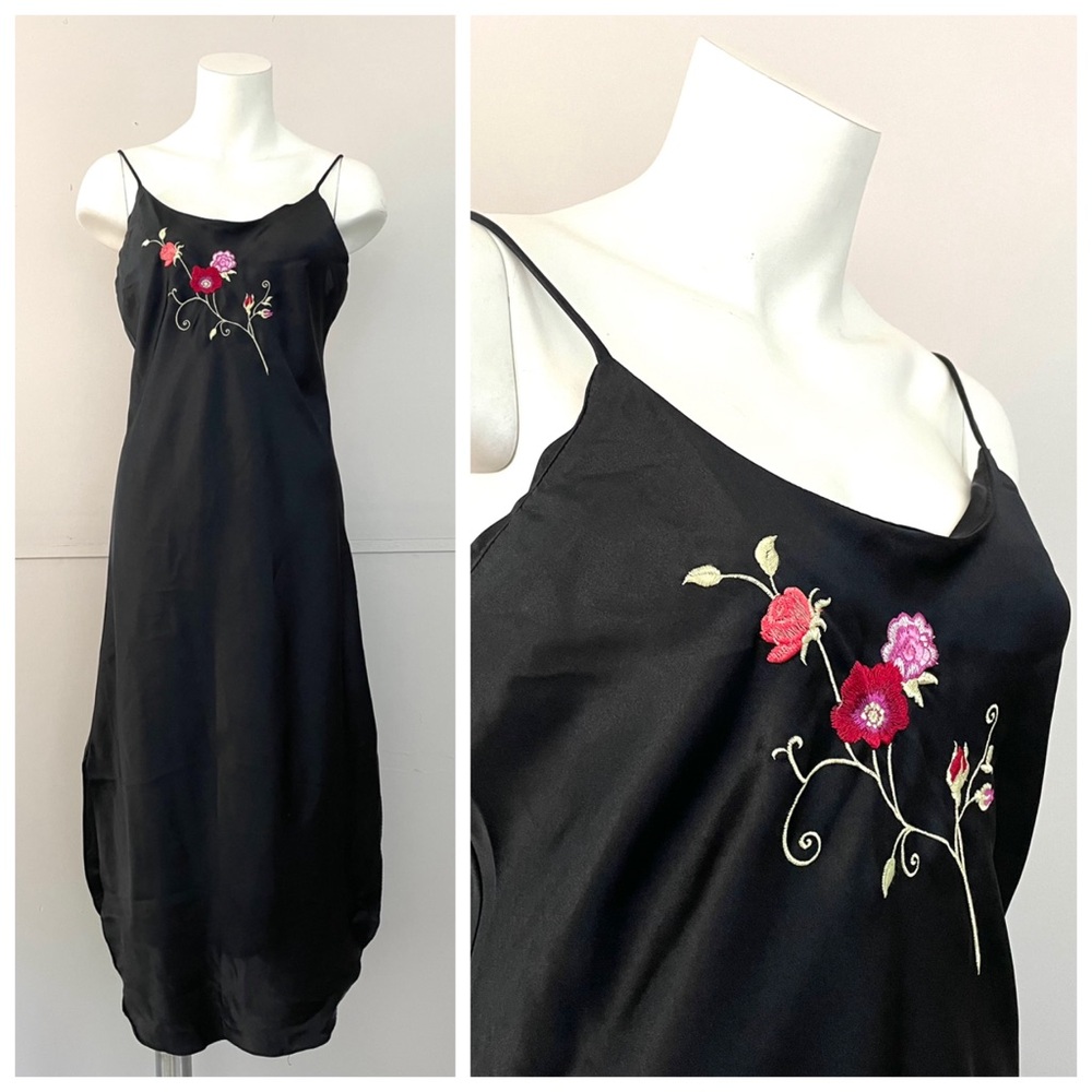 90s Black Satin Floral Embroidered Slip Dress Size Small LA Intimates Size Small